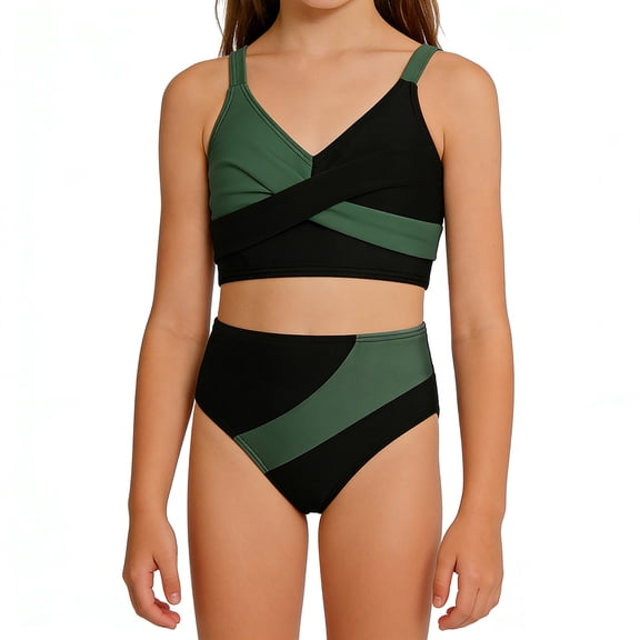 Girls Two Piece Swimsuits Color Block Criss Cross V-Neck Bikini Set High Waisted Bathing Suits Teens Army Green