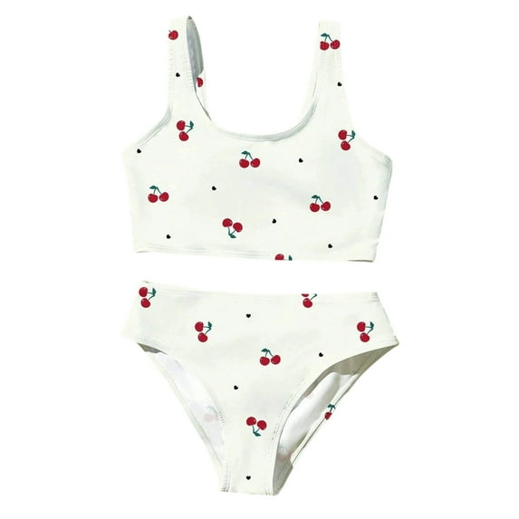 Girls Two Piece Swimsuits Cute Cherry Print Scoop Neck Bikini Sets Summer Beach Lightweight Comfy Soft Bathing Suits