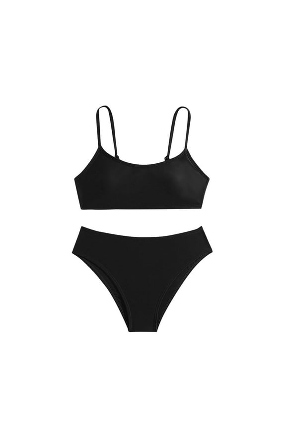Girls Two Piece Swimsuits Spaghetti Strap Bikinis Set Solid Color Padded Junior Bathing Suits Beachwear, Black, 14 Years