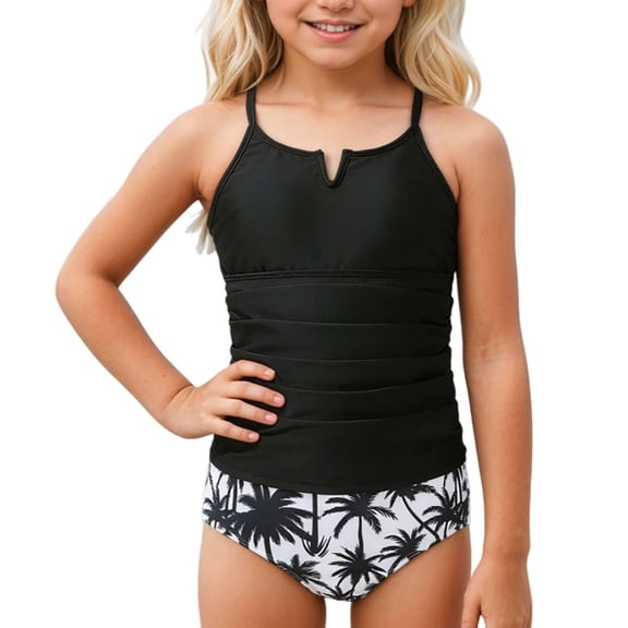 Girls Two Piece Swimsuits Summer Coconut Tree Print Upf Sun Rash Guard and Swim Briefs for Kids Beach Black 4 Years-5 Years
