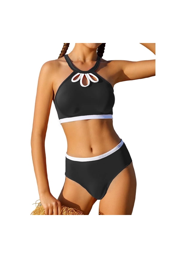 Girls Two Piece Swimsuits Summer Color Block High Waist Bikini Rash Guard Upf Sun Adjustable Straps for Kids Black 9 Years-10 Years