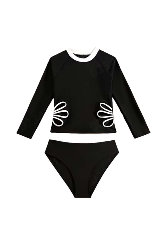 Girls Two Piece Swimsuits Summer Solid Color High Waist Bikini with Ruffle Skirt Rash Guard Top Upf Sun Black 9 Years-10 Years