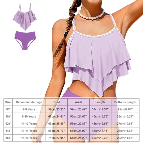 Girls Two Piece Swimsuits Tiered Ruffled Bathing Suit Purple Bikini Set Swimwear Matching Bathing Suits 11-12 Years