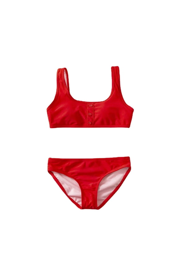 Girls Two Piece Swimsuits Vintage Red Button Decor Bikini Set Cami Bathing Suits Swimwear for Youth Red
