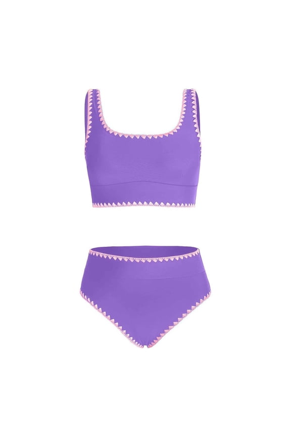 Girls Two Piece Swimsuits for Kids Teen Bikini with Adjustable Ties and UPF Sun Protection Solid Spaghetti Sleeveless Purple 9 Years-10 Years