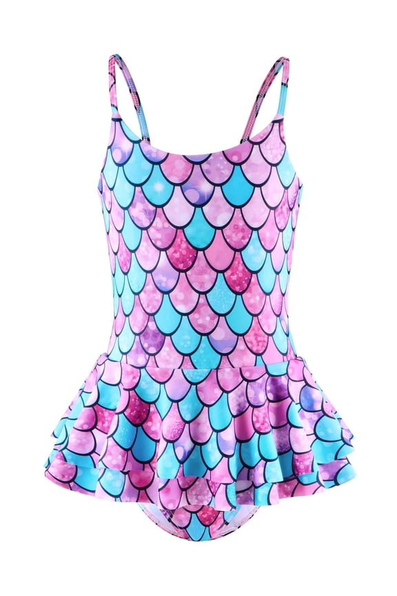 Girls One Piece Swimsuit Toddler Bathing Suit with Mermaid Scales Printed, Toddler Swimsuit Girl for Adjustable Age 5-6 Years