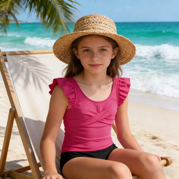 Girls' Two Piece Tankini Swimsuit - Ruffled Crisscross Ruched Top & High Waisted Palm Print Bottoms, Modest Swimwear for 7-16 Years