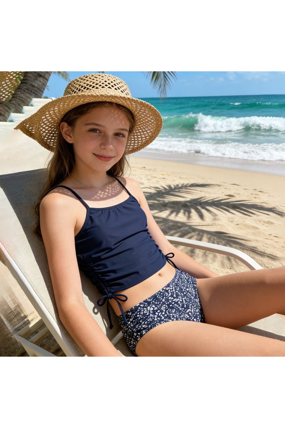 Girls' Two Piece Tankini Swimsuit - Strappy Backless Sport Bikini with Leopard Print Bottoms, Modest Beachwear for 11-18 Years (S-XL)