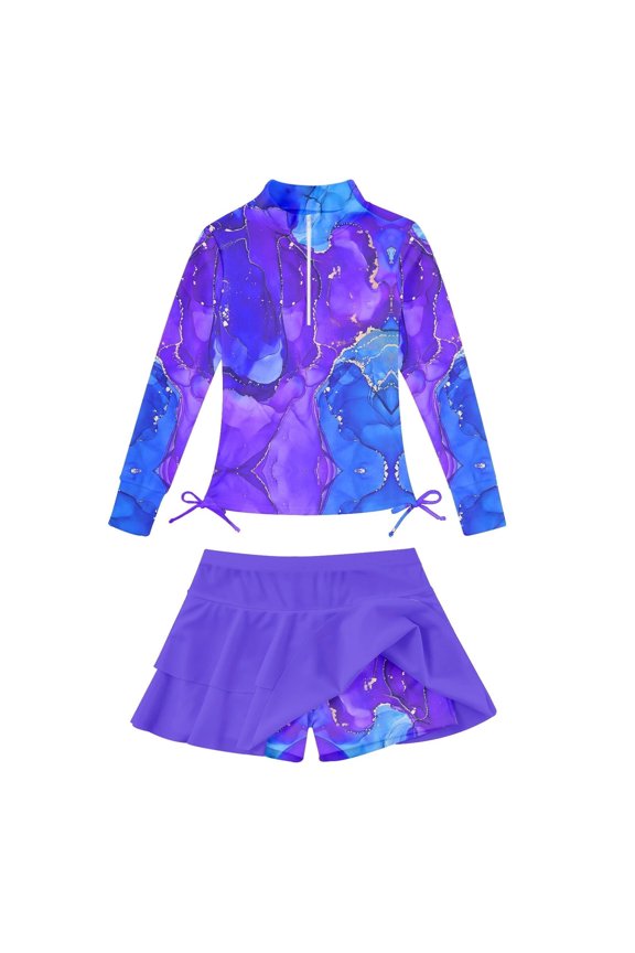 Girls Long Sleeve Rash Guard Swimsuit Set Kids 2-Piece Tankini UPF 50+ Swimwear with Skort Side Drawstrings Hem Mermaid Scale 7-8 Years