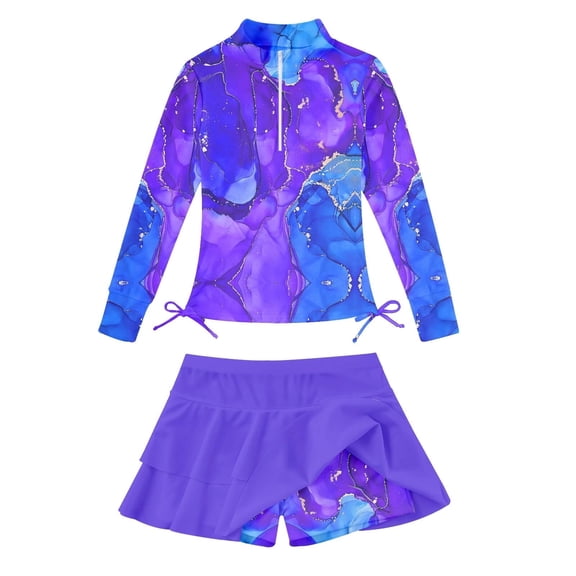 Lanbubble Girls Long Sleeve Rash Guard Swimsuit Set Kids 2-Piece Tankini UPF 50 Swimwear with Skort Side Drawstrings Hem Mermaid Scale 7-8 Years