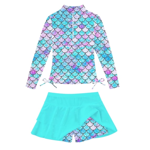 Lanbubble Girls Long Sleeve Rash Guard Swimsuit Set Kids 2-Piece Tankini UPF 50+ Swimwear with Skort Side Blue Mermaid 5-6 Years