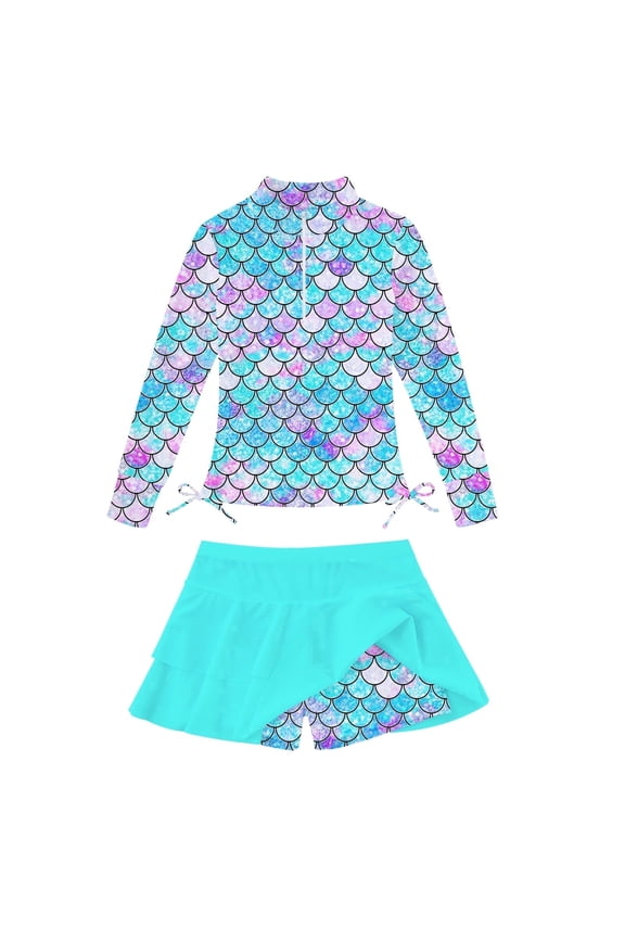 Girls Long Sleeve Rash Guard Swimsuit Set Kids 2-Piece Tankini UPF 50+ Swimwear with Skort Side Blue Mermaid 5-6 Years