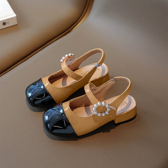Girls Two Tone Patent Leather Mary Jane Slingback Sandals with Pearl Buckle Low Block Heel Dress Shoes Khaki 13