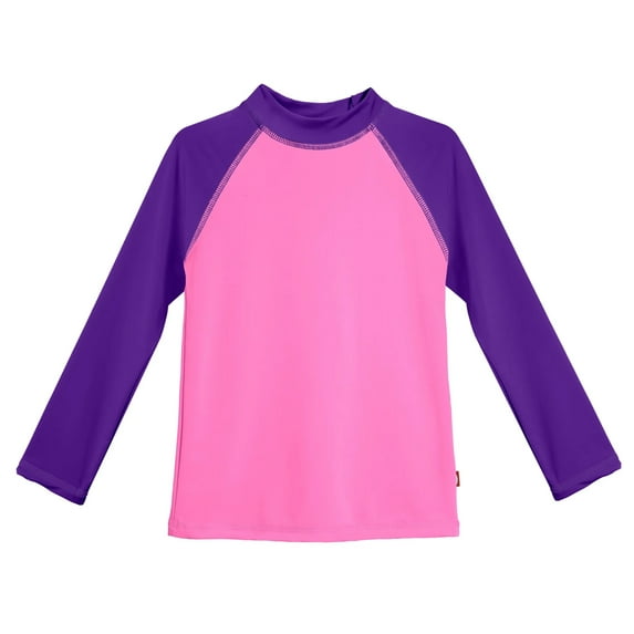 Girls UPF 50+ Color Block Long Sleeve Rashguard | Medium Pink with Purple