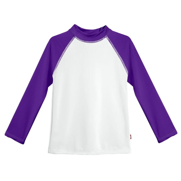 Girls UPF 50+ Color Block Long Sleeve Rashguard | White with Purple