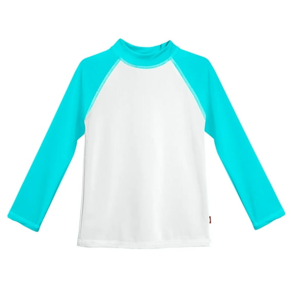 Girls UPF 50+ Color Block Long Sleeve Rashguard | White with Turquoise