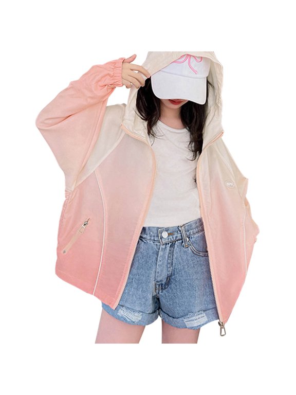 Girls UPF 50+ Jacket Lightweight Breathable Hoodie Gradient Pink Youth Sun Protection Rash Guard Swim Cover Up,Size 10-11 T