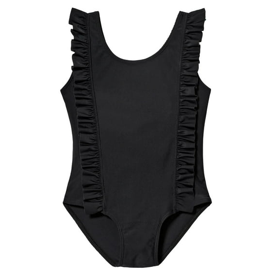 Girls UPF 50+ One-Piece Ruffle Front Swimsuit | Black