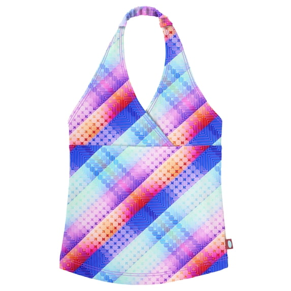 Made in USA Girls UPF 50+ Printed Swim Halter Top | Plaid Diagonal