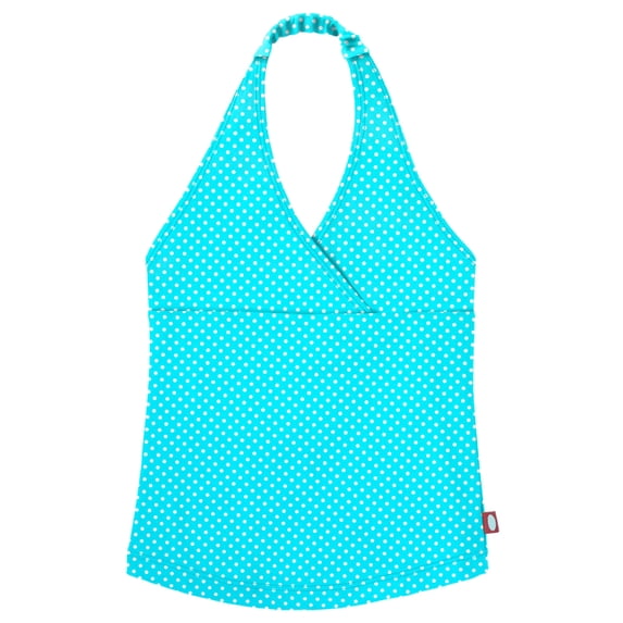 Made in USA Girls UPF 50+ Printed Swim Halter Top | Turquoise w/ White Polkadots