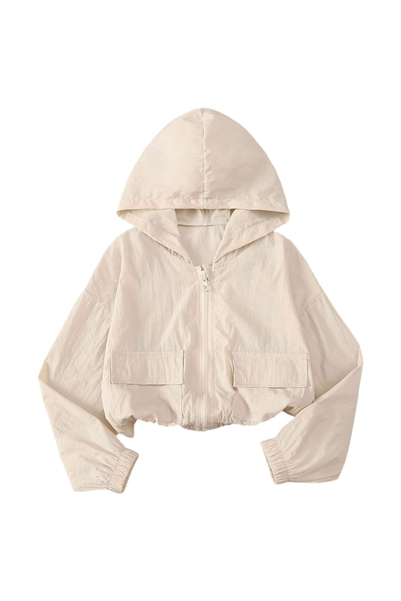 Girls UPF 50+ Sun Protection Jacket Lightweight Water Resistant Hooded Cropped Windbreaker for Outdoor Beige,Size 10 T