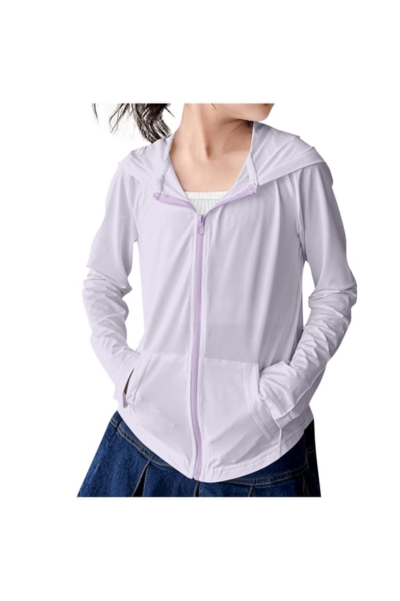 Girls UPF 50+ Sun Protection Jacket Purple Hooded Zip Up Lightweight Breathable for Outdoor Sports & Travel Kids 4-14,Size 4-5 T