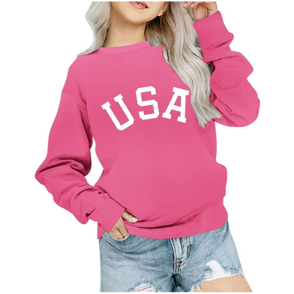 Girls USA Graphic Oversized Sweatshirts Letter Print Crewneck Long Sleeve Casual Loose Pullover Tops