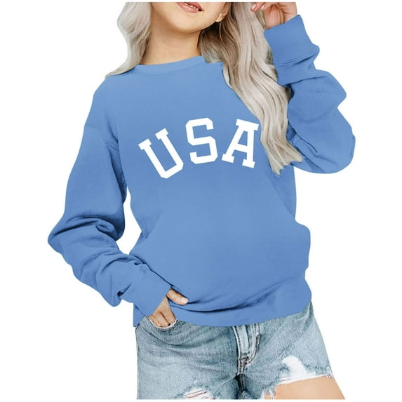 Girls USA Graphic Oversized Sweatshirts Letter Print Crewneck Long Sleeve Casual Loose Pullover Tops