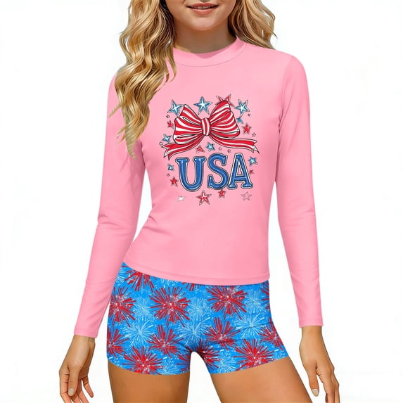 Girls USA Patriotic 4th of July Long Sleeve Rash Guard and Swim Shorts 2 Piece Swimsuit Set Multicolor 6,Size 7-8T
