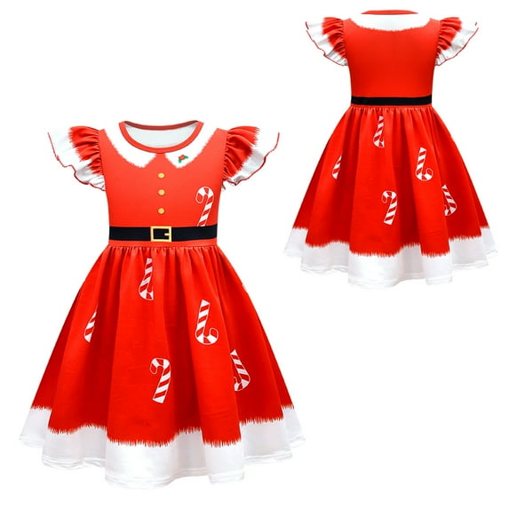 Girls Ugly Christmas Cartoon Dress Flutter Sleeve Ruffle Casual Dress