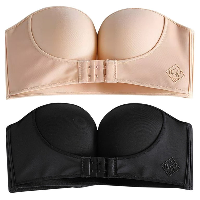 Girls Underwear 2Pcs Solid Color Strapless Non Slip Adjustment Rimless  Dress F Cup Black+Beige Bras