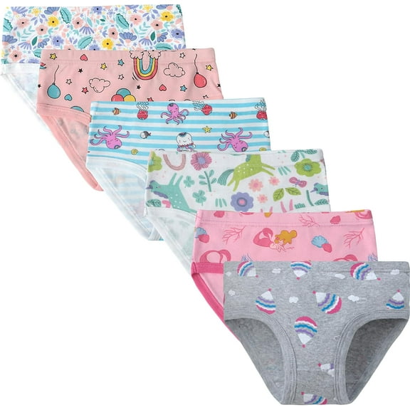 Girls Underwear Little Kids Cool Mermaid Panties Flowers Prints Soft Cotton Comfort Breathable Parachute Briefs Toddler Undies (Pack of 6) Size 5