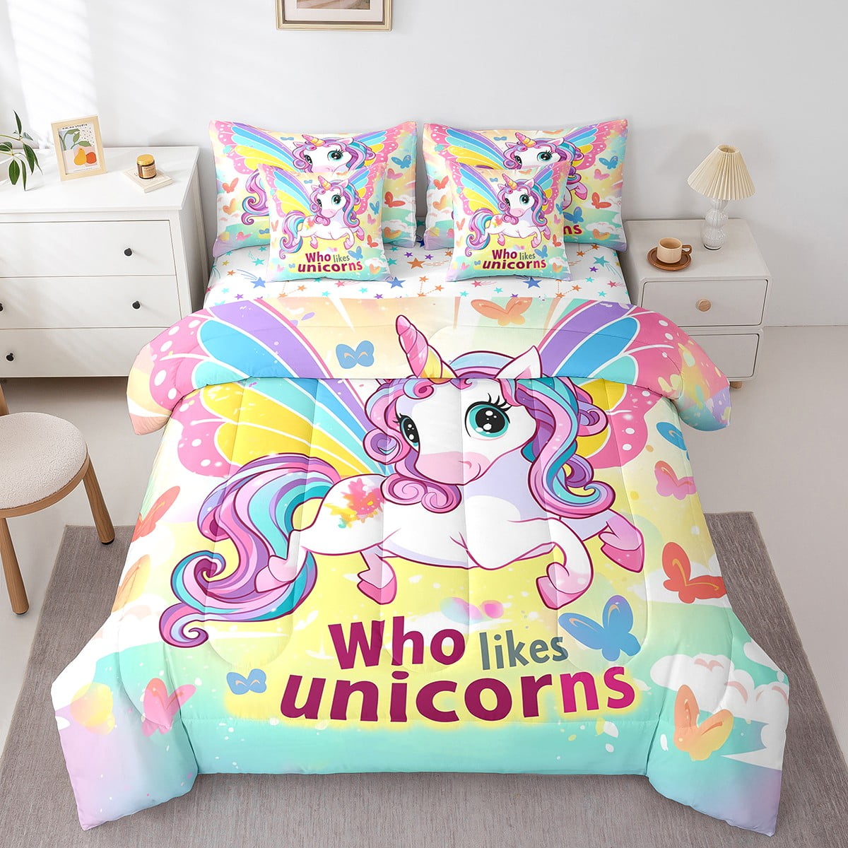 Girls Unicorn Bed in a Bag Twin Girls Bedding Sets 7 Piece Rainbow ...