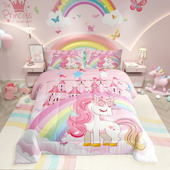 Unicorn Bedding Set Full Rainbow Princess Pink Unicorn Comforter Set Teens Kawaii Cute Castle Stars Reversible Bed Sets Cartoon Horse Duvet Set Fantasy Room Decor