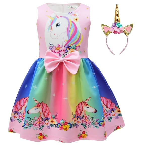 Girls Unicorn Cartoon Dress Sleeveless Christmas New Year Birthday Party Dresses for 3-7Y