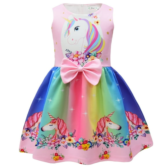 Girls Unicorn Cartoon Dress Sleeveless Christmas New Year Birthday Party Dresses for 3-7Y