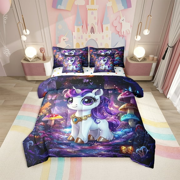 Unicorn Comforter 7 Pieces Twin Size Kawaii Galaxy Stars Sheet Set Mushrooms Flat Sheet, Fantasy Horse Bedding Set With 2 Pillow Cases Magic Butterfly 7 Pieces Bed In A Bag