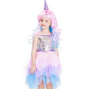 IKALI Girls Unicorn Costume, 2 Pcs Xmas Wig Tutu Dress Suit Fancy Dress Up for Kids Halloween Party Cosplay 7-8 Years