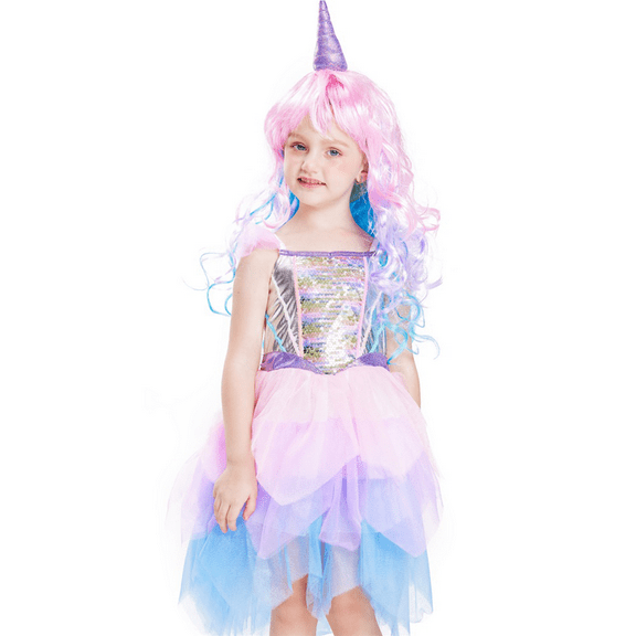 Girls Unicorn Costume, 2 Pcs Xmas Wig Tutu Dress Suit Fancy Dress Up for Kids Halloween Party Cosplay 8-10 Years