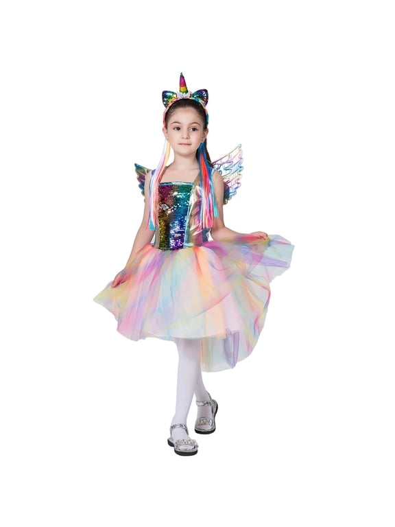 Girls Unicorn Costume Rainbow Dress with Wing Headband Child 6-7t