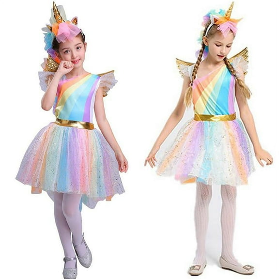 Girls Unicorn Costume Rainbow Dress with Wing Headband for Halloween Party