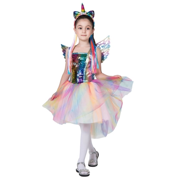 KAWELL Girls Unicorn Costume Rainbow Dress with Wing Headband for Child 4-5t