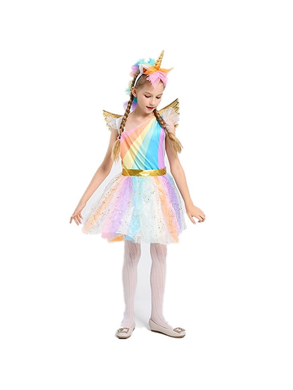 Girls Unicorn Costume Rainbow Dress with Wing Headband for Little Girls 4-5t