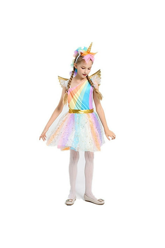 Girls Unicorn Costume Rainbow Dress with Wing Headband for Little Girls 4-5t