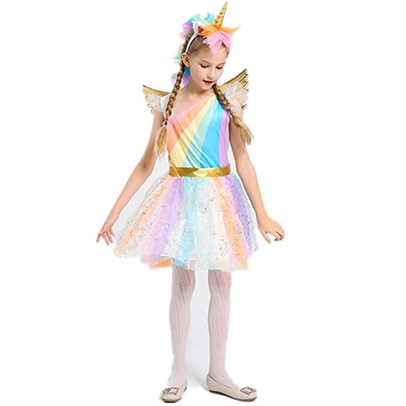 KAWELL Girls Unicorn Costume Rainbow Dress with Wing Headband for Child 7-8t
