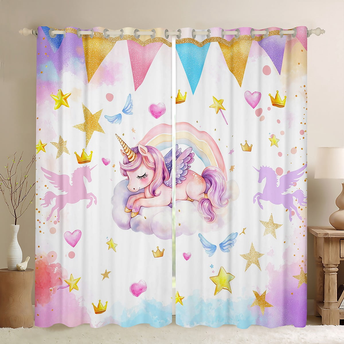 Girls Unicorn Curtains,Kids Adults Teens Room Decor Girls Bedding Set Cute Rainbow Unicorn Print ...