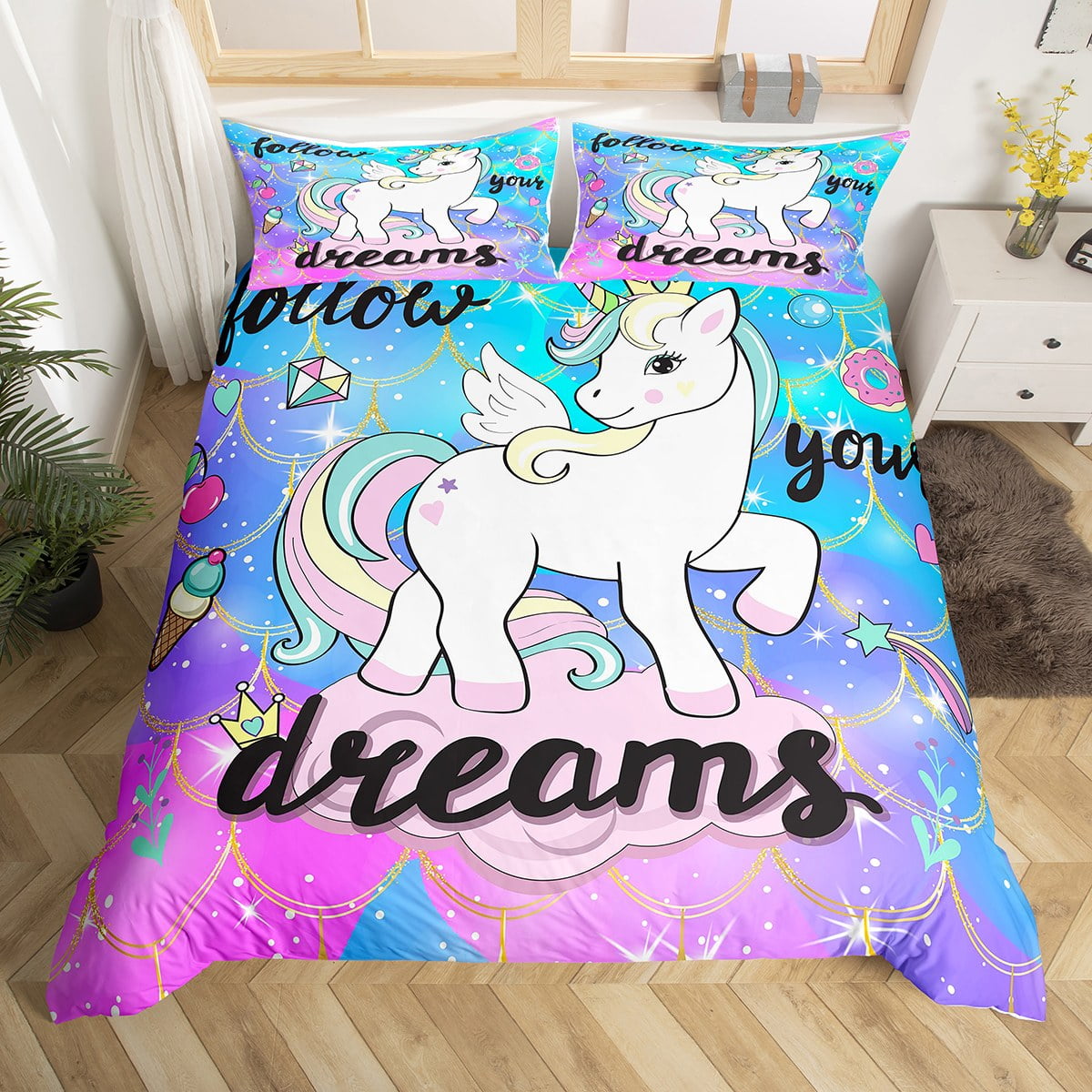 Girls Unicorn Duvet Cover Twin,Cute Dreamy Horse Unicorn Bedding Set