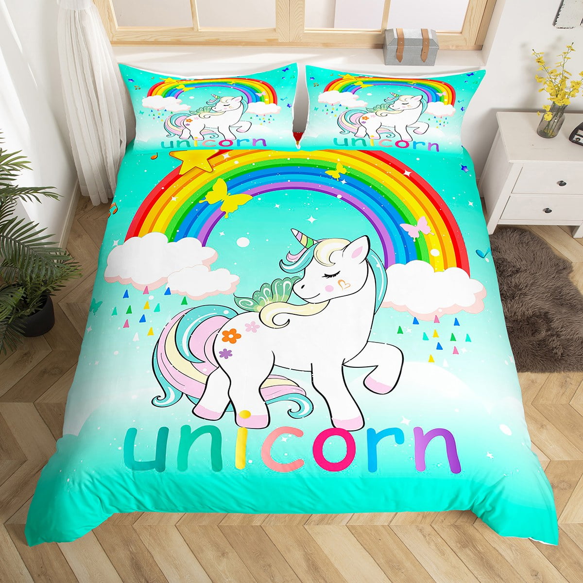 Girls Unicorn Duvet Cover Twin Kawaii Rainbow Unicorn Bedding for Kids
