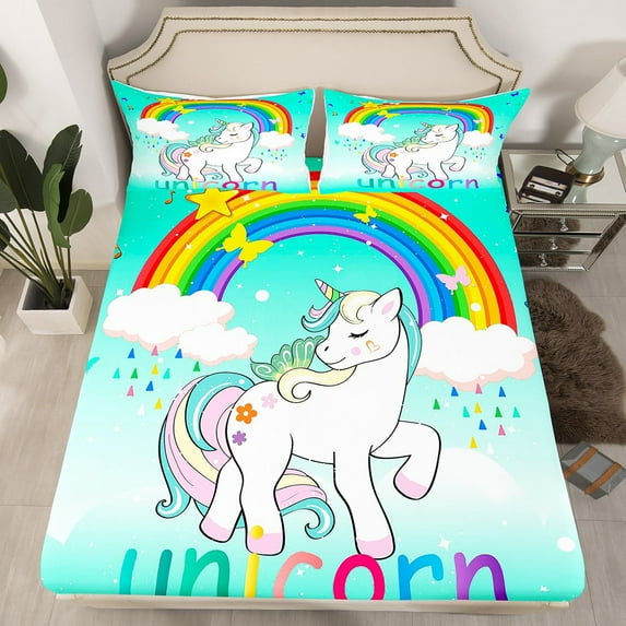 Unicorn Fitted Sheet Twin Kawaii Rainbow Unicorn Bed Sheets Teens Butterfly Galaxy Sheets Cartoon Ombre Unicorn Bedding Set with 1 Pillow Case Fantasy Room Decor,Mint Green
