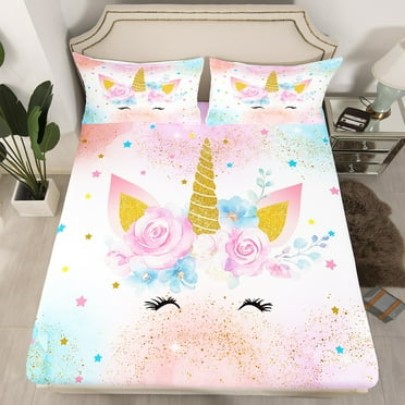 Unicorn Fitted Sheet Twin Size Flower Unicorn Bed Sheets Teens,Floral Stars Bed Set,Colorful Ombre Bedding Set with 1 Pillowcase Bedroom Decor,no Flat Sheet（No Top Sheet）